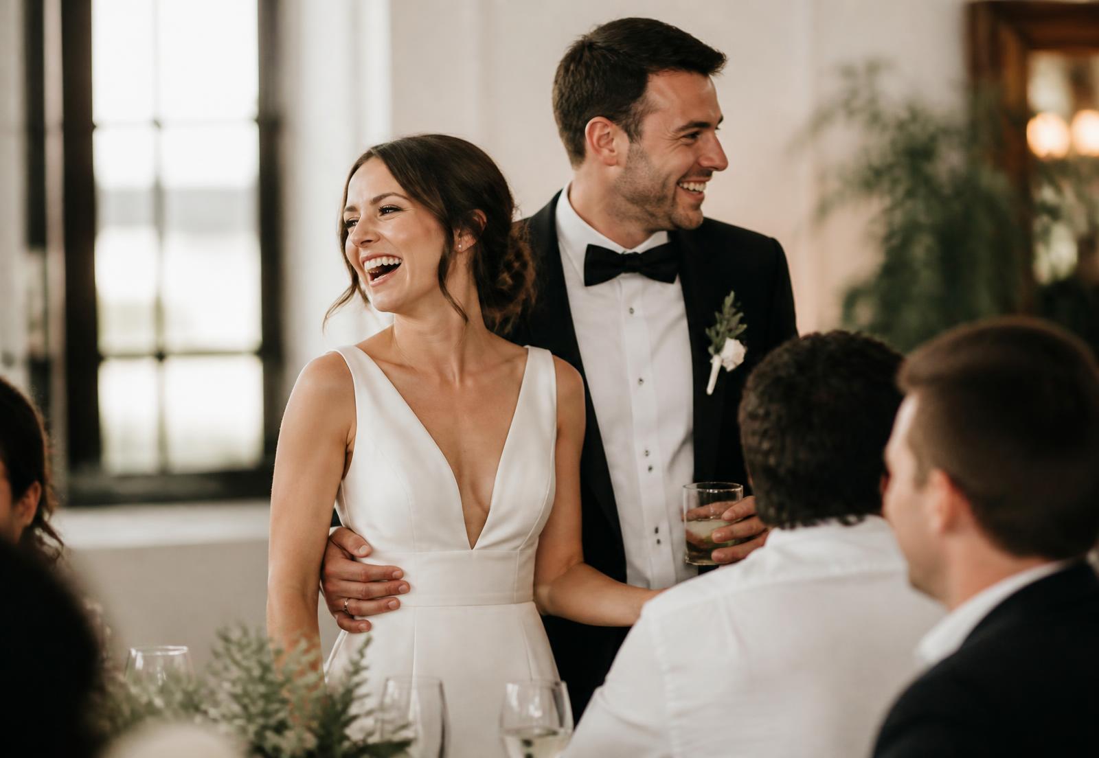 Wedding guests laughing at a reception